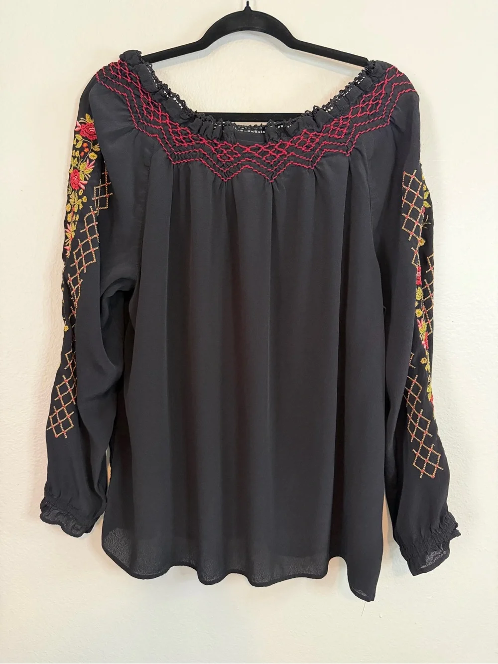 J.Jill Blouse Black Embroidered Peasant Top Size XLarge Bohemian Romantic - Picture 8 of 10